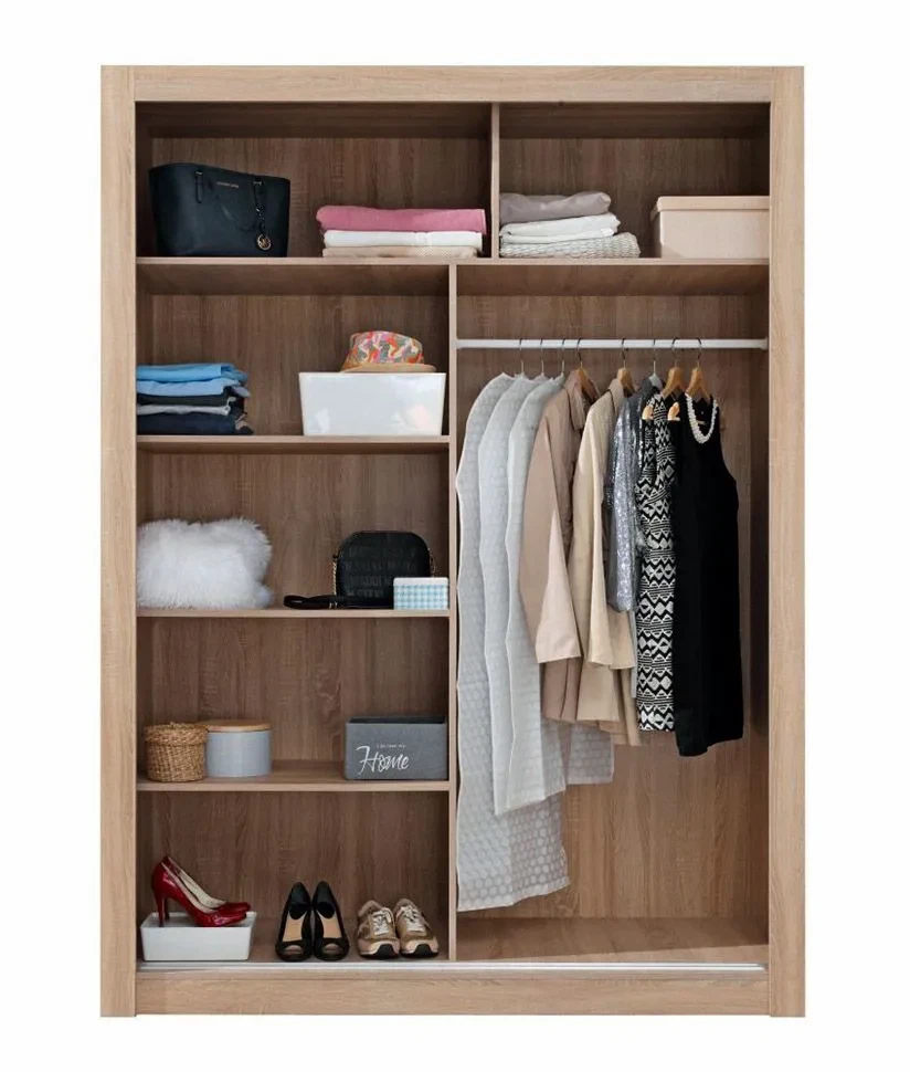 160 Cm Breiter Schiebetürenschrank Mit 6 Fächern Und 2 Türen | Farbe: Eiche  | Laminiert throughout Kleiderschrank 160 Cm Hoch