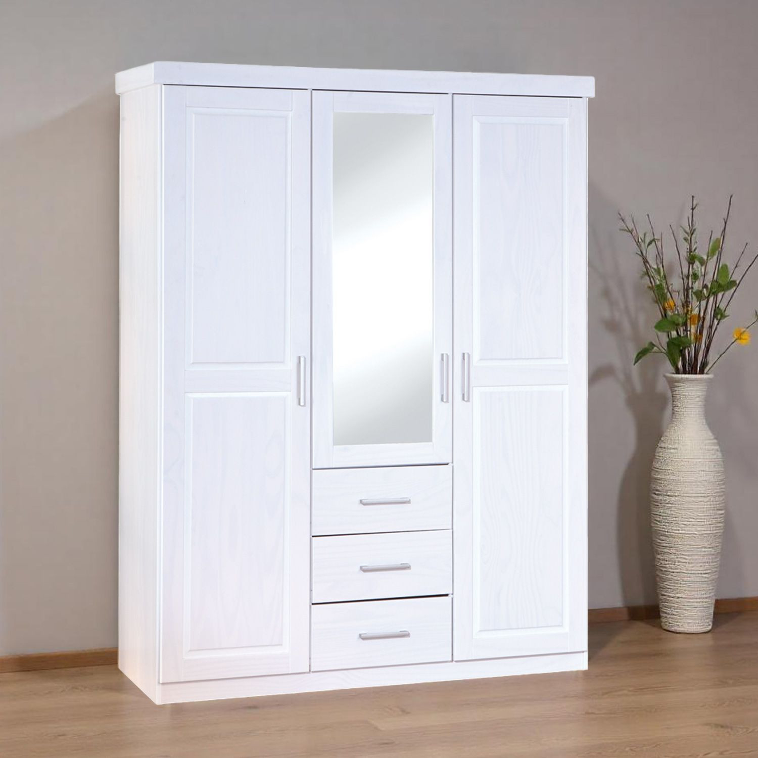 Drehtüren-Kleiderschrank Genf Kiefer Massivholz Mit Spiegel Und intended for Weißer  Keiderschrank  Mt  Siegel
