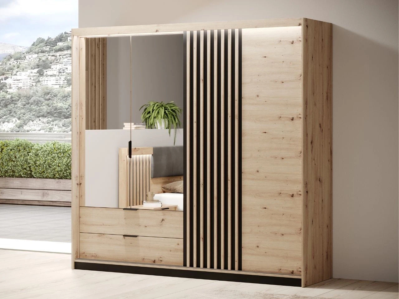 Drehtürenschrank Mit Spiegel 220 Cm Turia Artisan Eiche, Anthrazit in Kleiderschrank 220 Cm Breit