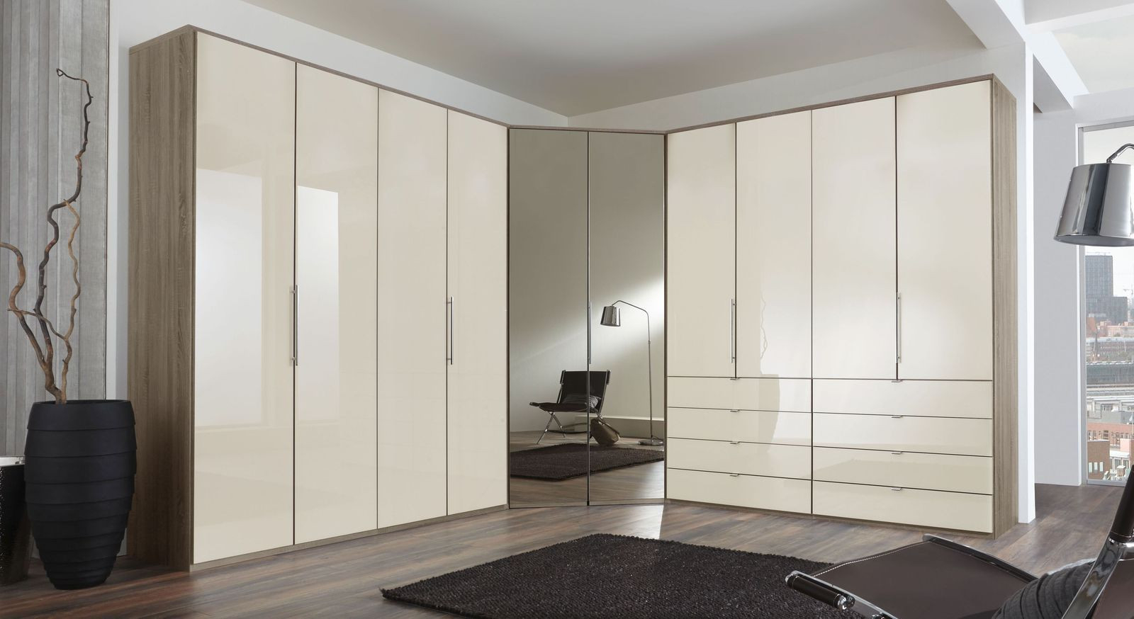 Eck-Kleiderschrank Tiko Eiche Dekor Mit Schubladen, Spiegel Und throughout Kleiderschrank L Form