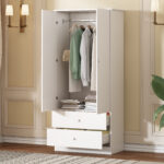 Flieks Kleiderschrank Garderobenschränke Mit Stange, Schrank Garderoben Mit  2 Schubladen, 2 Türig Kleiderschrank Mit Türen, Weiß For Stange Kleiderschrank