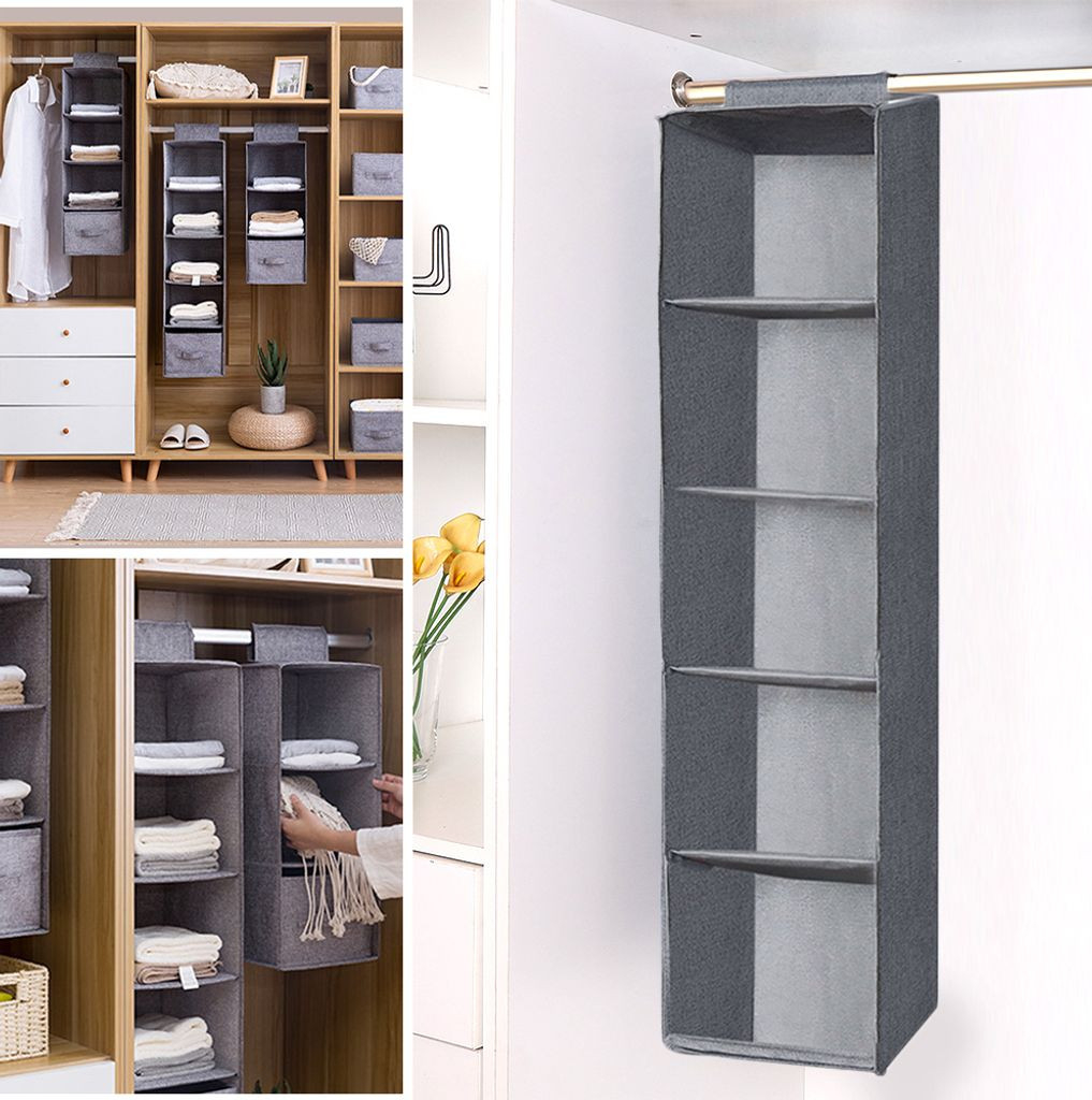 Hängeorganizer Stoff Spind Organizer Schrank Organizer Hängend  Hängeaufbewahrung Hängeregal Kleiderschrank Organizer Grau, 5 Fächern,  100*27*27Cm with Hängeregal Kleiderschrank