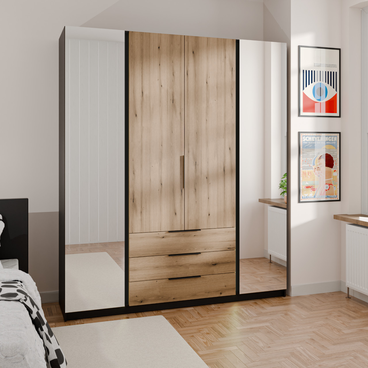 Kleiderschrank 200Cm Mit Spiegel Und Schubladen Kaya 02 Schwarz / Eiche  Evoke - Moebline Shop with regard to Kleiderschrank 200 Cm Hoch