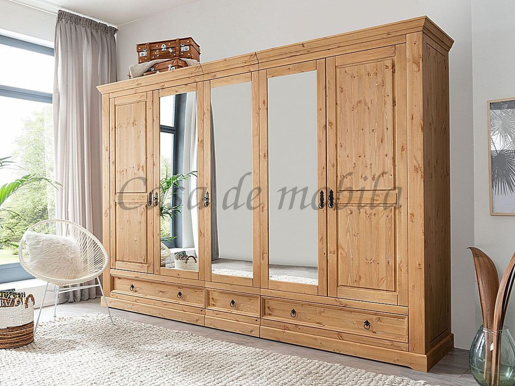 Kleiderschrank 5Türig Mexican-Stil 310X215X62Cm Kiefer Massiv Eichefarben  Gelaugt Geölt intended for Kleiderschrank Holz Massiv