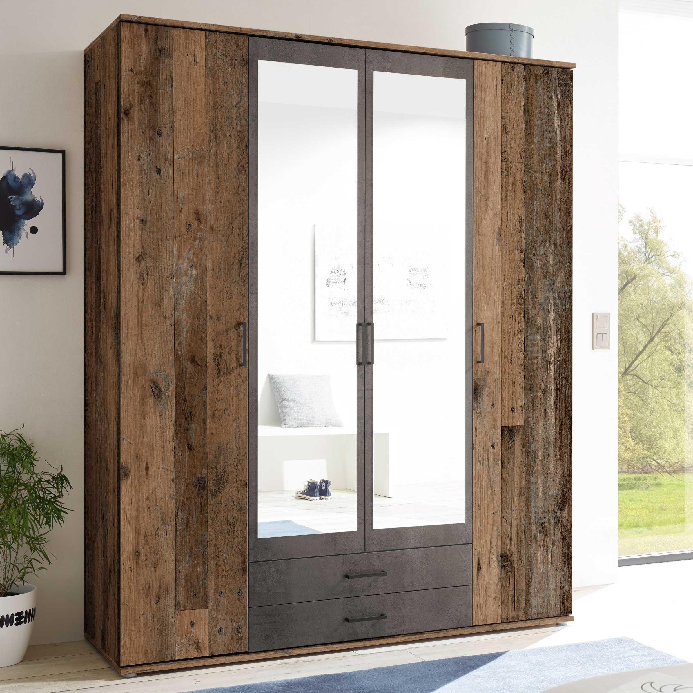 Kleiderschrank Ellis 160Cm Mit 4 Türen 2 Schubladen Und Spiegel - Alter  Stil/Beton inside Kleiderschrank 160 Cm Hoch
