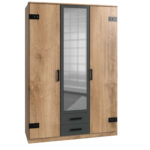 Kleiderschrank Industrial Look Mit Spiegel Und Schubladen Liverpool 135 Cm  Breit Plankeneiche Nb / Graphit Inside Industrial Kleiderschrank