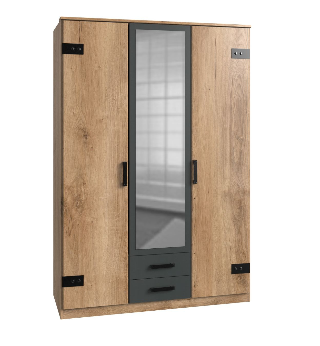 Kleiderschrank Industrial Look Mit Spiegel Und Schubladen Liverpool 135 Cm  Breit Plankeneiche Nb / Graphit inside Industrial Kleiderschrank