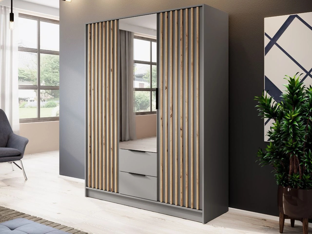 Kleiderschrank Mit Spiegel 155 Cm Macron Grau, Artisan Eiche intended for Kleiderschrank Spiegelfront