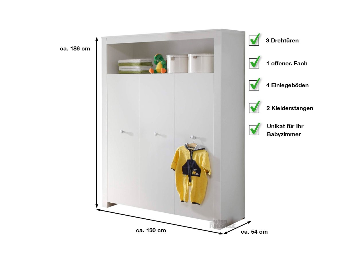 Kleiderschrank Weiß 130 Cm 3-Türig - Olivia pertaining to Kleiderschrank 130 Cm Breit
