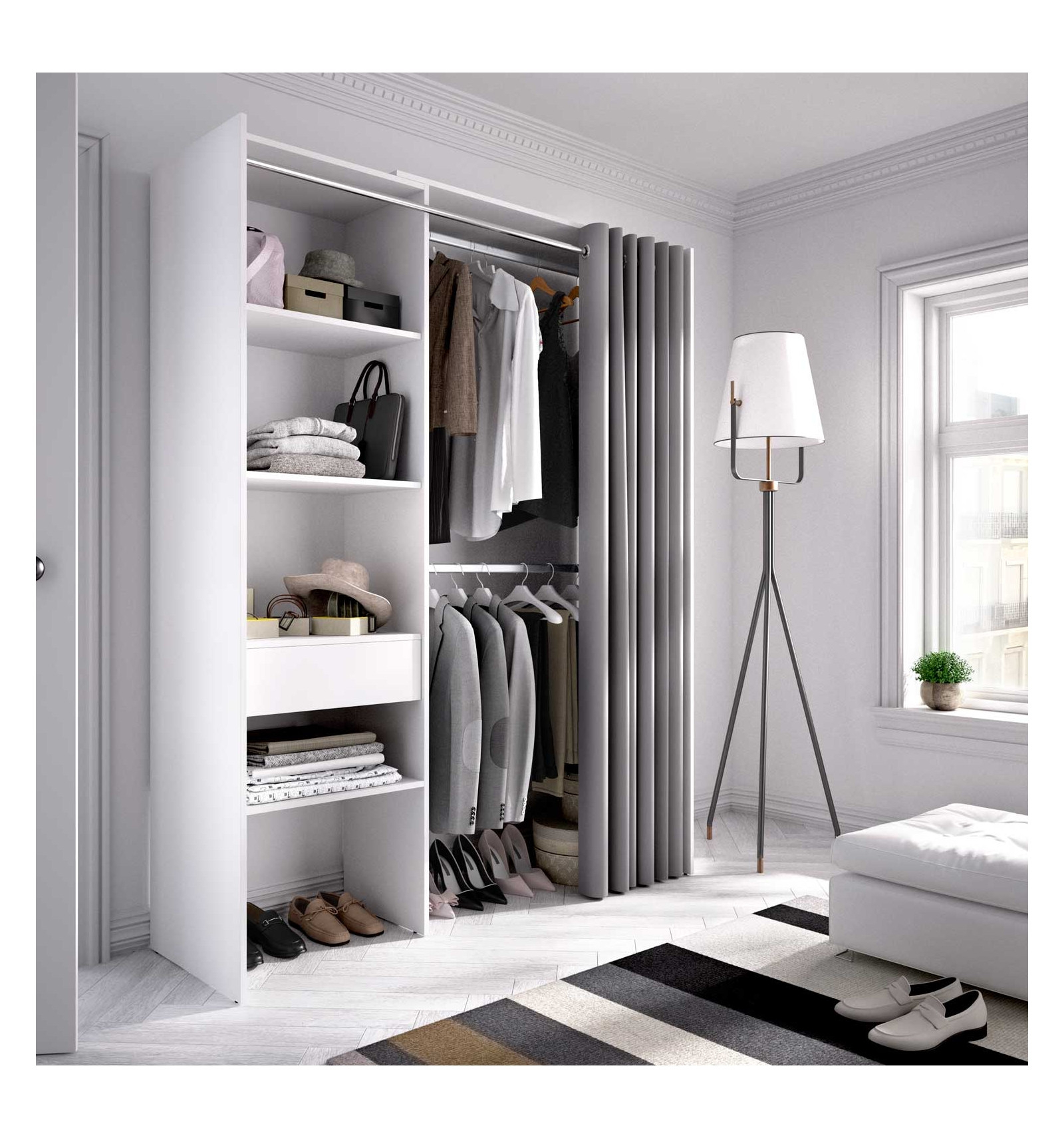 Offener Kleiderschrank Mit Schublade Und Modernem Vorhang. 2 intended for Kleiderschrank Ohne Stange