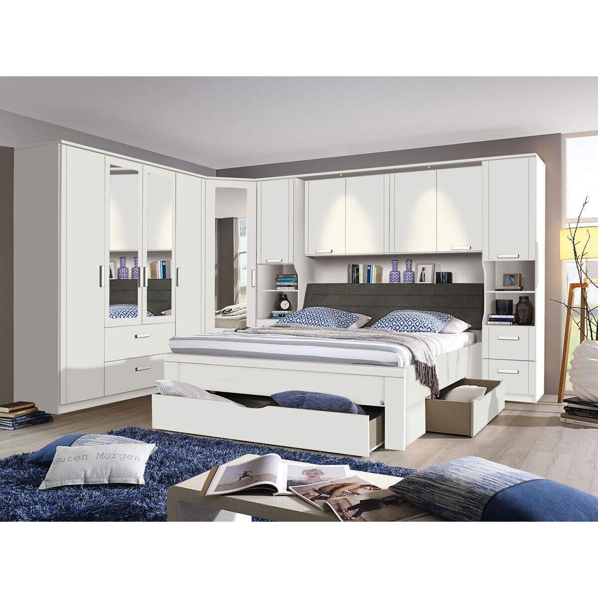 Schlafzimmer Set Lindau Kleiderschrank Bett Bettbrücke In Weiß Mit Spiegel inside Bettbrücke Mit Kleiderschrank