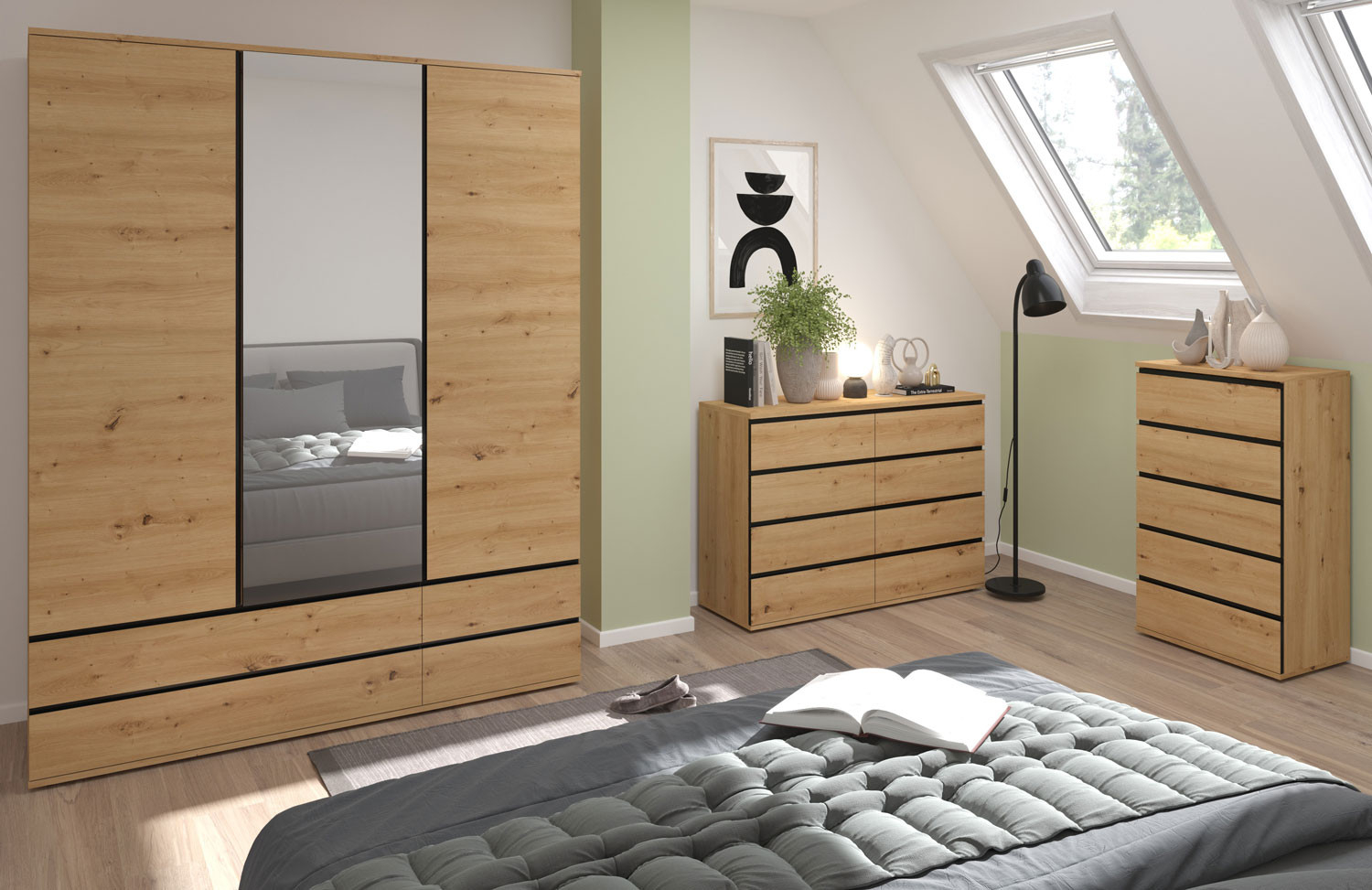 Schlafzimmer-Set Naxos Kleiderschrank Kommode 3Tlg Artisan Eiche Schwarz  Matt with regard to Kleiderschrank Kommode