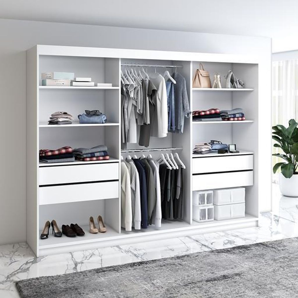 Schwebetürenschrank, 3-Türig Schrank 200 Cm Mit 4 Schubladen, Retrostil  Premium! Moderne Garderobe Für Kleidung. Verschiedene Farben (Weiß,  Schwarz, with regard to Kleiderschrank 200 Cm Hoch