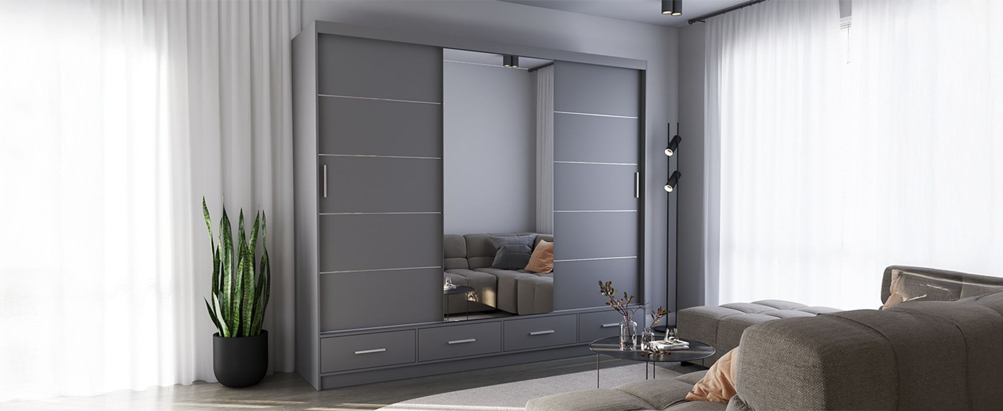 Schwebetürenschrank Kleiderschrank 250 Cm Grau/Grau Matt Mit Spiegel  Florence throughout Kleiderschrank Grau Matt